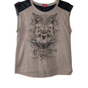 Bongo Womens T Shirt Tee Skull Guitar Studded Tab Faux Leather Shoulder Yoke